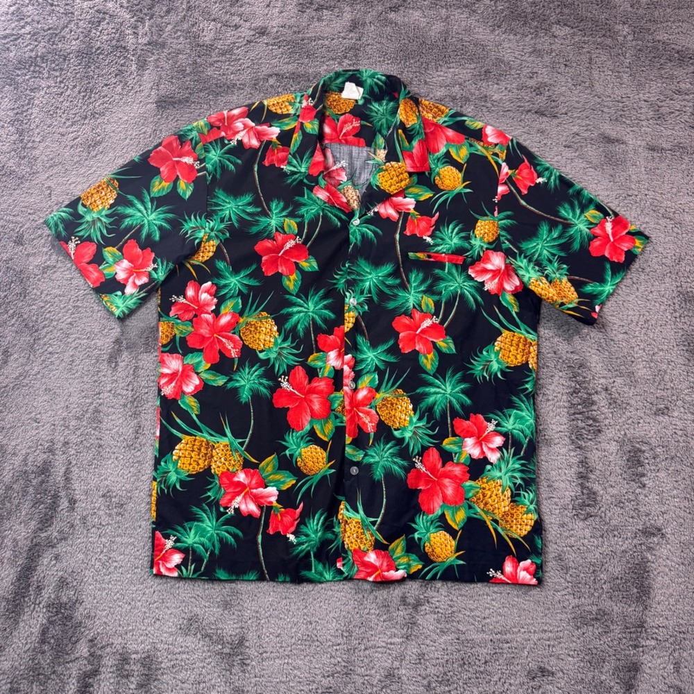 Royal Creations Hawaii Mens XL Tropical Hibiscus Pineapple Aloha Shirt Black